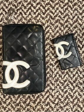 Chanel Cambon Black Quilted Leather Wallet & Key Holder Set